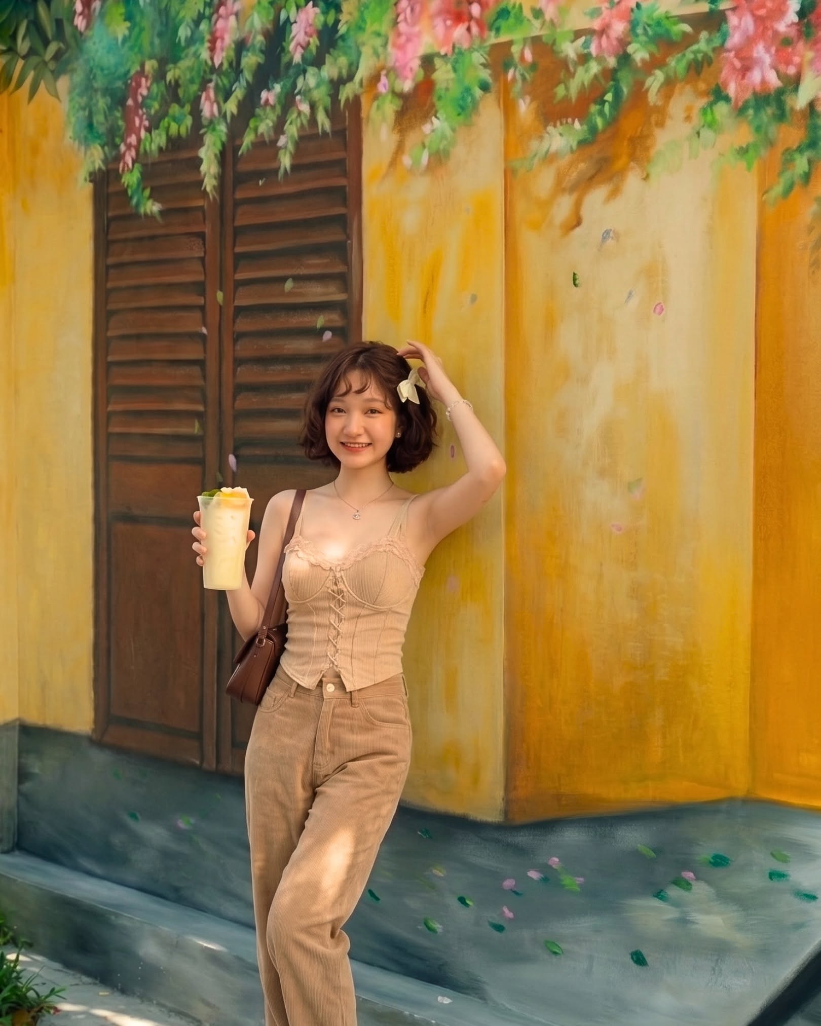 Cô gái cầm ly tường vàng